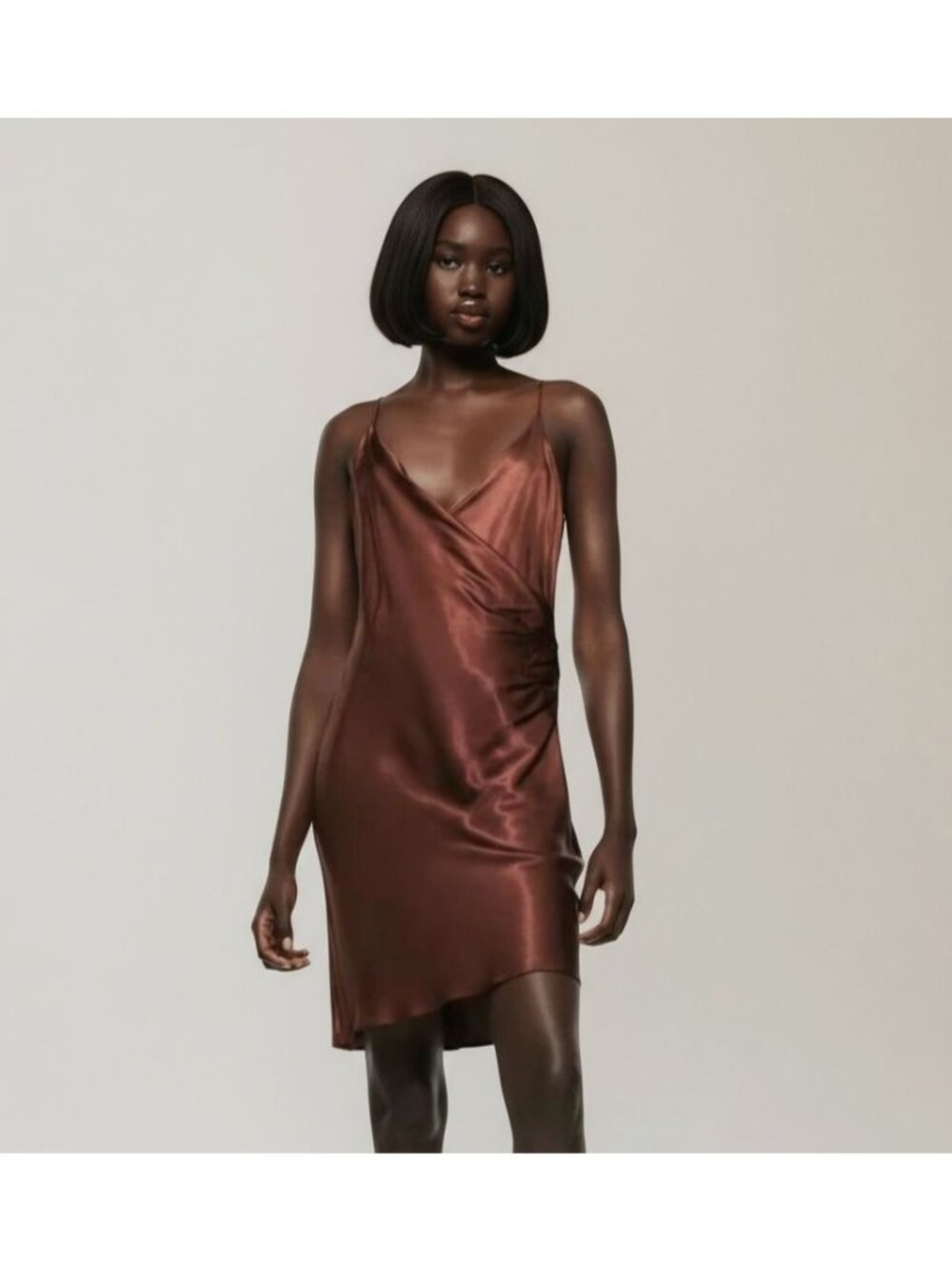 Zara Satin Slip Dress Mini Side Ruching V Neck Mini Chocolate Brown Small